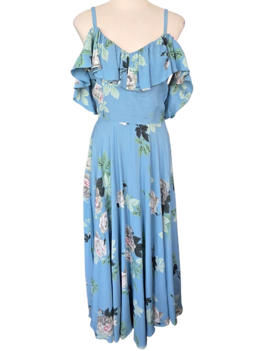 Trashy Diva Hollywood Long Dress French Blue Rose Floral Rayon Crepe Size 6 - Picture 2 of 11